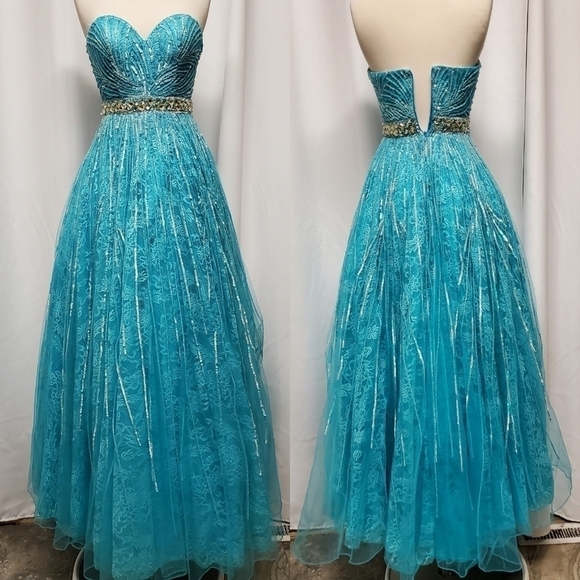 Sherri Hill Cinderella Blue Sequin Coated Strapless Floral Lace Ball Gown Prom 0 - Picture 1 of 11